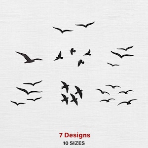 Może przedstawiać: Czarne sylwetki ptaków w locie w różnych formacjach na białym tle. Obraz zawiera siedem różnych wzorów i dziesięć opcji rozmiaru. Tekst "7 Designs" i "10 SIZES" jest wyświetlany na czerwono.