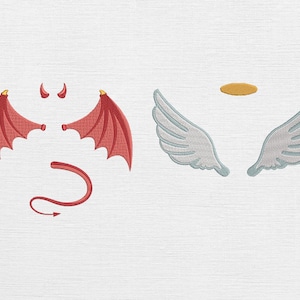 Puede incluir: Piezas de disfraz de diablo y ángel bordadas. El conjunto de diablo incluye alas rojas, cuernos y una cola. El conjunto de ángel presenta alas blancas y un halo dorado. Perfecto para Halloween o fiestas de disfraces.