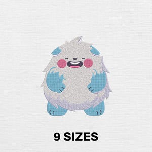 May include: A cartoon illustration of a friendly, furry creature with light gray fur, blue accents, and pink cheeks. The creature has a smiling face and is labeled with the text "9 SIZES" in black.