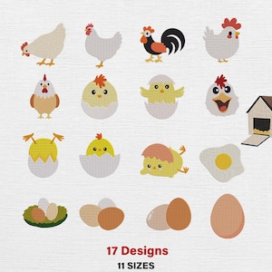 May include: A collection of 17 embroidered designs featuring chickens, chicks, eggs, and a chicken coop. The designs include various chicken poses, chicks hatching from eggs, and a fried egg. The text at the bottom reads "17 Designs" and "11 Sizes".