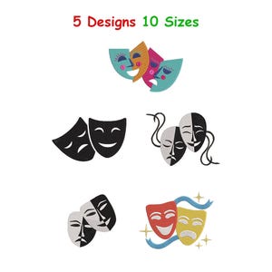Op de afbeelding: Vijf borduurontwerpen met theatermaskers in verschillende stijlen. De tekst bovenaan luidt 5 Designs 10 Sizes. De maskers bevatten kleurrijke, zwarte en witte illustraties van komedie- en tragediegezichten, sommige met linten en sterren.