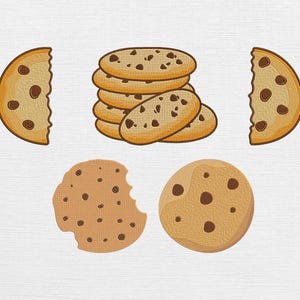 Puede incluir: Ilustración de varias galletas con chispas de chocolate. Hay dos galletas a medio comer, una pila de galletas y dos galletas enteras. Las galletas son de color marrón claro con chispas de chocolate marrón oscuro.