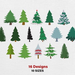 Pode incluir: Uma coleção de 16 desenhos de árvores de Natal bordados em vários estilos e cores, incluindo verde, branco e preto. A imagem também inclui o texto "16 Designs" e "10 SIZES" em vermelho.