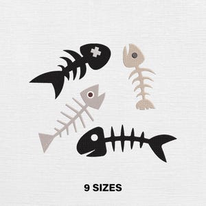 Puede incluir: Cuatro diseños estilizados de espinas de pescado en negro, beige y gris están dispuestos sobre un fondo blanco. El texto "9 SIZES" se muestra debajo. Las espinas de pescado tienen varios detalles, incluyendo una cruz y un ojo.