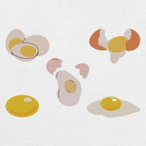May include: An illustration of various eggs. The image includes a hard-boiled egg cut in half, a cracked egg, a fried egg, and a single egg yolk. The eggs are in shades of yellow, white, pink, and orange.