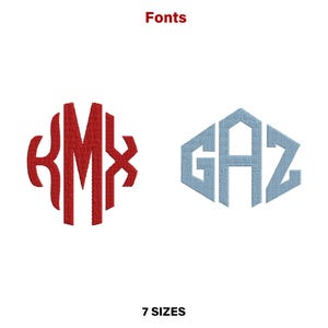 Könnte beinhalten: Zwei gestickte Monogramm-Schriftarten werden auf weißem Hintergrund gezeigt. Die erste ist ein rotes, kreisförmiges Monogramm mit den Buchstaben RMX. Die zweite ist ein hellblaues, sechseckiges Monogramm mit den Buchstaben GAZ. Die Wörter "Fonts" und "7 Sizes" werden ebenfalls angezeigt.