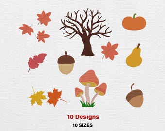 Fall Embroidery Design Bundle: Autumn Leaves, Pumpkin, Acorn (Machine Embroidery Files)