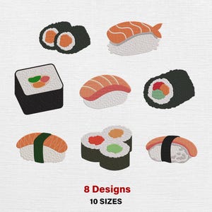Puede incluir: Ilustración de varias piezas de sushi, incluyendo nigiris y rollos maki, en diferentes diseños. El sushi presenta elementos naranjas, verdes y blancos. El texto en la parte inferior dice "8 Designs" y "10 Sizes".