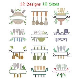May include: A collection of 12 embroidery designs featuring kitchen-themed motifs such as rolling pins, whisks, spatulas, and spoons arranged in various frames and layouts. The text 12 Designs 10 Sizes is displayed in red and green at the top.