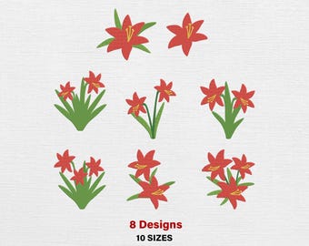 Red Lily Embroidery Design Bundle – 8 Floral Patterns (Digital Download)