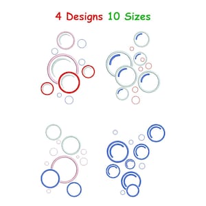 Könnte beinhalten: Vier verschiedene Stickmotive mit Ansammlungen von kreisförmigen Blasenmustern in verschiedenen Größen. Der Text 4 Designs 10 Sizes steht oben in Rot und Grün. Die Blasen sind mit Umrandungen in Rot, Blau und Hellblau dargestellt.