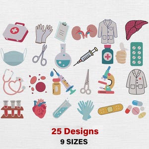 May include: A collection of 25 medical-themed designs in various sizes. The image features illustrations of medical tools and organs, including a stethoscope, syringe, and heart. The text at the bottom reads "25 Designs" and "9 Sizes."