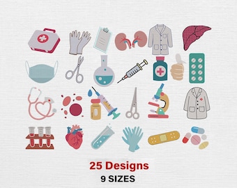 May include: A collection of 25 medical-themed designs in various sizes. The image features illustrations of medical tools and organs, including a stethoscope, syringe, and heart. The text at the bottom reads "25 Designs" and "9 Sizes."