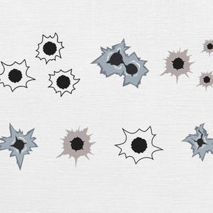 Puede incluir: Ilustraciones vectoriales de agujeros de bala en varios tamaños y estilos. Los diseños incluyen esquemas de color negro, gris y azul, con bordes dentados y centros oscuros, sobre un fondo blanco.