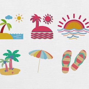 Peut inclure: Ensemble de motifs brodés sur le thème de la plage. Comprend un palmier sur une île, un coucher de soleil sur l'océan, un parasol et une paire de tongs rayées. Les motifs utilisent des couleurs vives comme le jaune, le rouge et le bleu.