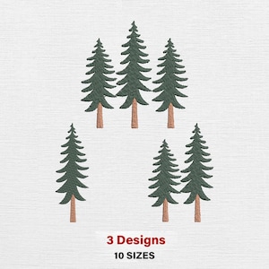 May include: Embroidered evergreen tree designs in various sizes. The trees are dark green with brown trunks, set against a white background. The text at the bottom reads "3 Designs" and "10 SIZES".