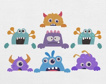 May include: A collection of seven colorful monster embroidery designs. The set includes various creatures in shades of orange, blue, and purple, featuring different eye counts, horns, and antennae, all depicted in a peeking pose.