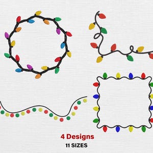 Puede incluir: Cuatro diseños de bordado con luces navideñas coloridas. Los diseños incluyen un círculo, una esquina, una línea ondulada y un marco cuadrado. El texto "4 Designs" y "11 Sizes" se muestra en rojo.