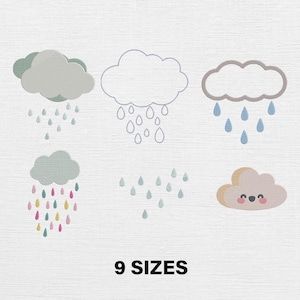 Puede incluir: Imagen que presenta seis diseños de nubes con gotas de lluvia en varios colores y estilos. Las nubes son en tonos de gris, azul y amarillo. El texto "9 SIZES" está en la parte inferior de la imagen.
