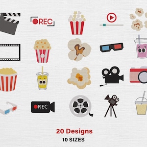 May include: A collection of 20 movie-themed designs, including a film clapperboard, popcorn, film reel, camera, 3D glasses, and drink cups. The designs are in various colors and sizes, with the text "20 Designs" and "10 SIZES" in red.
