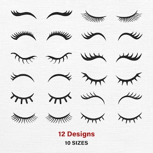 Puede incluir: Una colección de diseños de pestañas negras en varios estilos. La imagen muestra 12 diseños diferentes y 10 tamaños, perfectos para proyectos de manualidades o belleza. Las pestañas se presentan sobre un fondo blanco.
