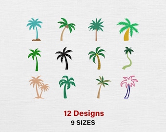 May include: A collection of twelve colorful palm tree designs in various styles, including green, blue, and pink. The image also displays the text "12 Designs" and "9 Sizes".
