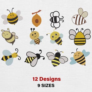 May include: A collection of twelve cartoon bee designs in various styles, including a beehive. The bees are primarily yellow and black, with some featuring blue or white wings. The text reads "12 Designs" and "9 Sizes".
