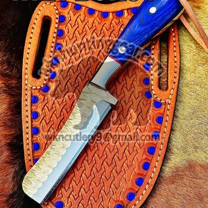 handmade bull cutter knife,1080 c12 steel knife, damascus knife, with cross draw leather sheath...