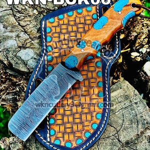 Damascus Steel Bull Cutter knife, Handmade Bull Cutter knife, Western Cowboy Bull Cutter knife, with Cross Draw Pancake Leather Sheath...
