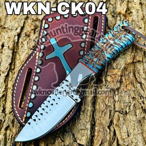 handmade cowboy knife, rasp steel knife, damascus steel knife, with cross draw leather sheath...