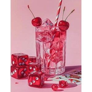 Cherry Cocktail Still Life Painting – Hyperrealistic Acrylic Artwork on Canvas – Red Dice and Playing Cards – 40x50 cm Wall Art