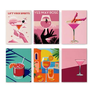 Colorful Cocktail Wall Art Prints – Set of 6 | Modern Bar Decor, Vibrant Drink Illustrations Pink & Tropical Aesthetic Posters