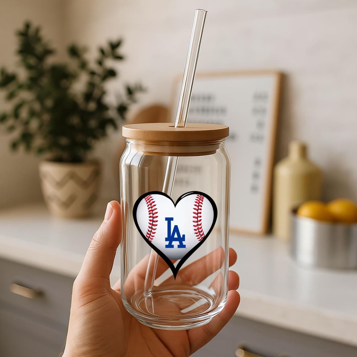 LA Baseball Heart Glass Can Tumbler - Dodgers Fan Gift, 16oz Iced Coffee Cup, Sports Lover Drinkware