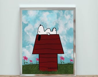 Snoopy Doghouse Digital Wall Art Print, Snoopy Sleeping on Doghouse Poster, Snoopy Wall Print