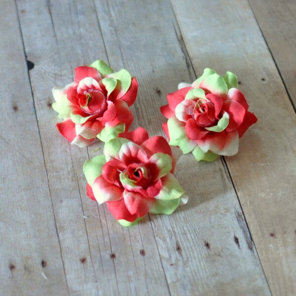 Silk Flowers-Set of Three-Mini Multi Colored Roses-Coral Red and Pale Lime