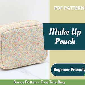 Puede incluir: Un neceser rectangular con un estampado floral en colores pastel. El neceser tiene cierre de cremallera y una textura acolchada. El texto en la imagen dice "Make Up Pouch" y "Beginner Friendly".