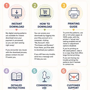 May include: An informational graphic titled FAQs with six numbered sections. Icons represent instant download, how to download, printing guide, detailed instructions, commercial use, and customer support. The text explains digital sewing pattern processes.