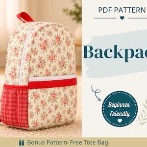 Puede incluir: Una mochila con fondo crema y un pequeño estampado floral rosa, con un bolsillo frontal rojo con cremallera, bolsillos laterales de malla roja con ribete de cuadros rojos y blancos, y correas rojas. El texto incluye PDF PATTERN, Backpack, Beginner Friendly y Bonus Pattern: Free Tote Bag.