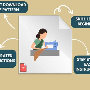 May include: A digital PDF pattern document featuring an illustration of a person sewing with a blue machine. Text labels include INSTANT DOWNLOAD PDF PATTERN, SKILL LEVEL: BEGINNER, ILUSTRATED INSTRUCTIONS, and STEP BY STEP EASY INSTRUCTIONS.