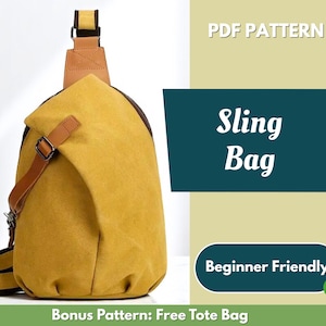 May include: Mustard yellow sling bag with brown leather accents and a black strap. The bag has a unique, curved design and a buckle closure. Text on the image reads "PDF Pattern", "Sling Bag", and "Beginner Friendly".