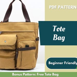 Puede incluir: Un bolso tote de lona color beige con múltiples bolsillos y detalles marrones. El bolso tiene una correa para el hombro y un asa superior. El texto en la imagen dice "Tote Bag" y "Beginner Friendly".