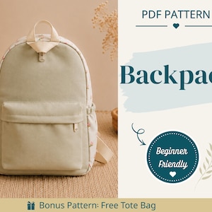 Puede incluir: Una mochila de color verde salvia con un estampado floral en los laterales y las correas, que incluye un bolsillo delantero y un asa superior. El texto dice PDF PATTERN, Backpack, Beginner Friendly y Bonus Pattern: Free Tote Bag con un corazón.