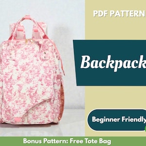 Puede incluir: Una mochila con estampado floral rosa y blanco con asa superior y correas ajustables. La imagen incluye el texto "Backpack" y "Beginner Friendly". El patrón es un diseño suave, tipo acuarela.