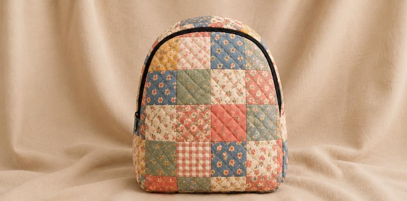 K&ouml;nnte beinhalten: Ein gesteppter Rucksack mit einem Patchwork-Design aus verschiedenen Blumen- und Vichy-Karomustern in gedeckten Blau-, Rosa-, Gr&uuml;n- und Gelbt&ouml;nen. Die Tasche hat eine abgerundete Oberseite, einen schwarzen Rei&szlig;verschluss und eine rautenf&ouml;rmige Steppung.