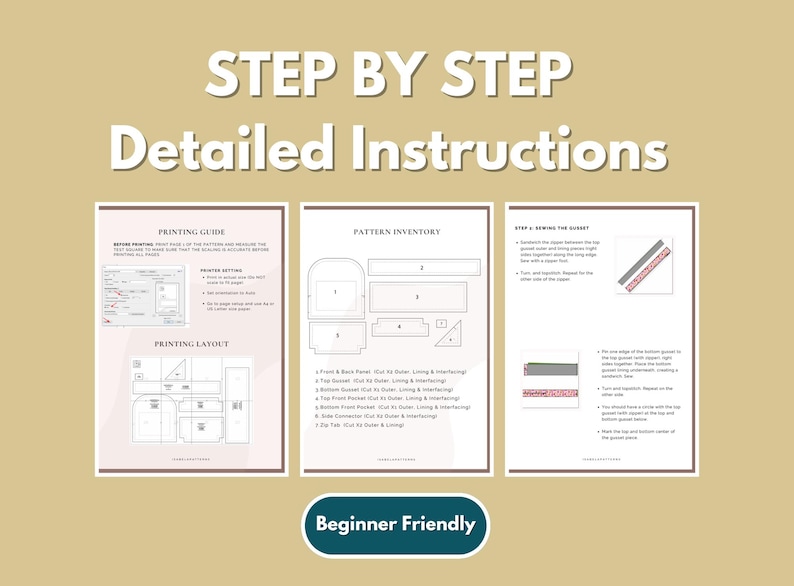 K&ouml;nnte beinhalten: Ein digitales Dokument mit dem Titel STEP BY STEP Detailed Instructions, das drei Seiten mit Schnittmustern enth&auml;lt. Die Seiten umfassen eine Druckanleitung, ein Schnittmusterinventar mit nummerierten Formen und N&auml;hschritte mit Diagrammen. Unten befindet sich ein Beginner Friendly-Button.