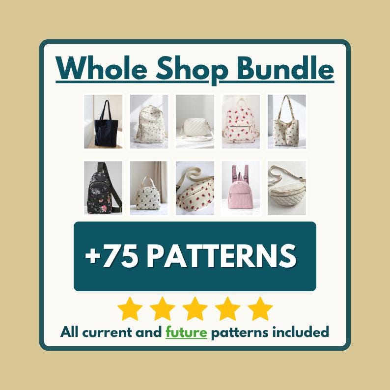 May include: A digital graphic titled Whole Shop Bundle displaying ten various bags including backpacks, tote bags, and crossbody bags with different prints. The text +75 PATTERNS is centred below, followed by five yellow stars and the text All current and future patterns included.