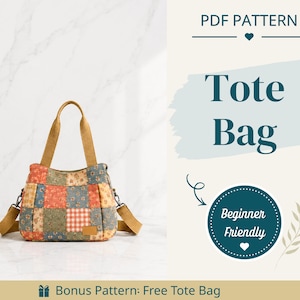 Op de afbeelding: Een tote bag met een patchworkontwerp van bloemen- en ruitpatronen in oranje, blauwe en groene tinten. De tas heeft twee mosterdkleurige handvatten en een afneembare schouderriem. De tekst luidt PDF PATTERN Tote Bag.