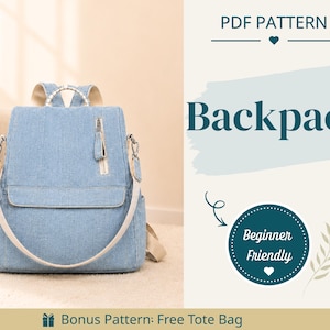 May include: A light blue denim backpack with a front zippered pocket, cream-coloured straps, and a top handle. The image includes text reading PDF PATTERN, Backpack, Beginner Friendly, and Bonus Pattern: Free Tote Bag with a heart and leaf icon.