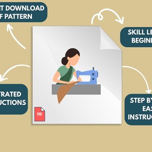K&ouml;nnte beinhalten: Ein digitales PDF-Schnittmuster-Dokument mit einer Illustration einer Person an einer blauen N&auml;hmaschine. Das Dokument enth&auml;lt die Textbeschriftungen: INSTANT DOWNLOAD PDF PATTERN, SKILL LEVEL: BEGINNER, ILUSTRATED INSTRUCTIONS und STEP BY STEP EASY INSTRUCTIONS.
