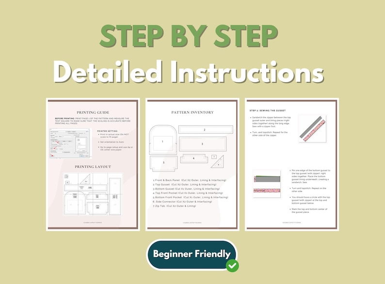 May include: A step-by-step guide with detailed instructions for a sewing project. The image features three panels with text and diagrams, including a printing guide, pattern inventory, and sewing instructions. The words "Beginner Friendly" are displayed.